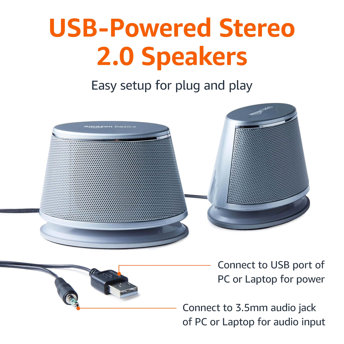 Amazon Basics PC Speakers Stereo 2.0 for Desktop, 3.5mm Input, USB-Powered, Black