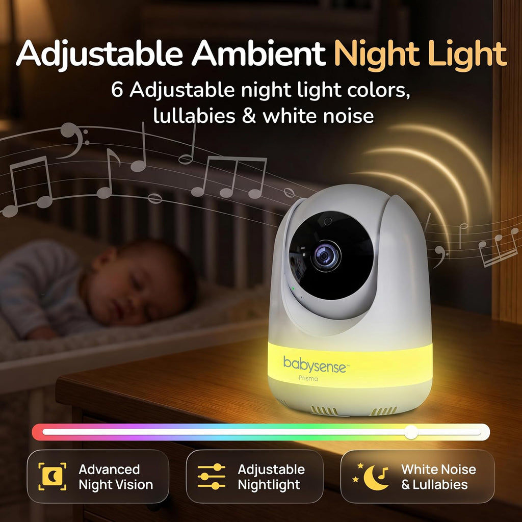 Babysense Prisma Baby Monitor with Camera and Night Vision, 5” HD Video Baby Monitor, 6-Color Night Light, Split Screen, Baby Sound Machine with White Noise & Lullabies, Secure No WiFi