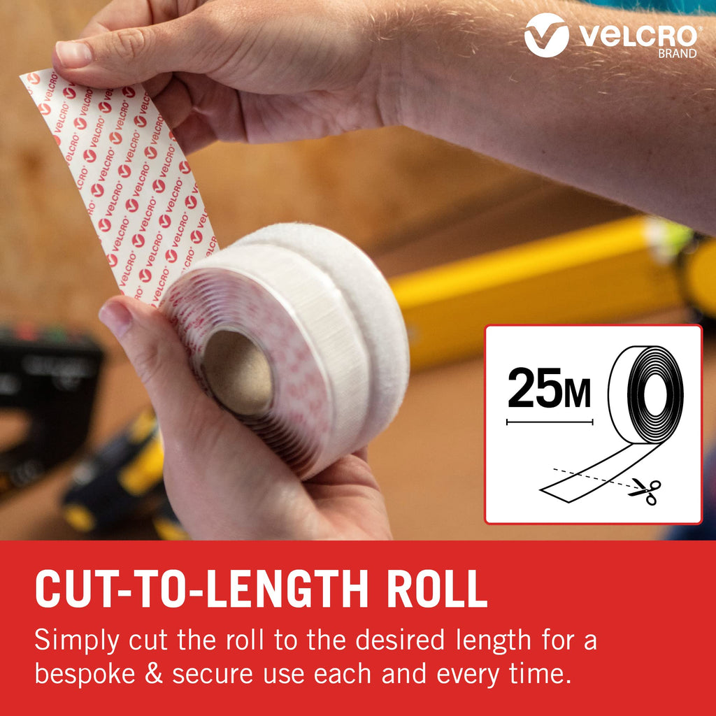 VELCRO Brand Stick On Tape Cut-to-Length Strong Hook & Loop Self Adhesive Sticky Tape Perfect for Room Décor & Home, Office, Garage Use White 20mm x 5m