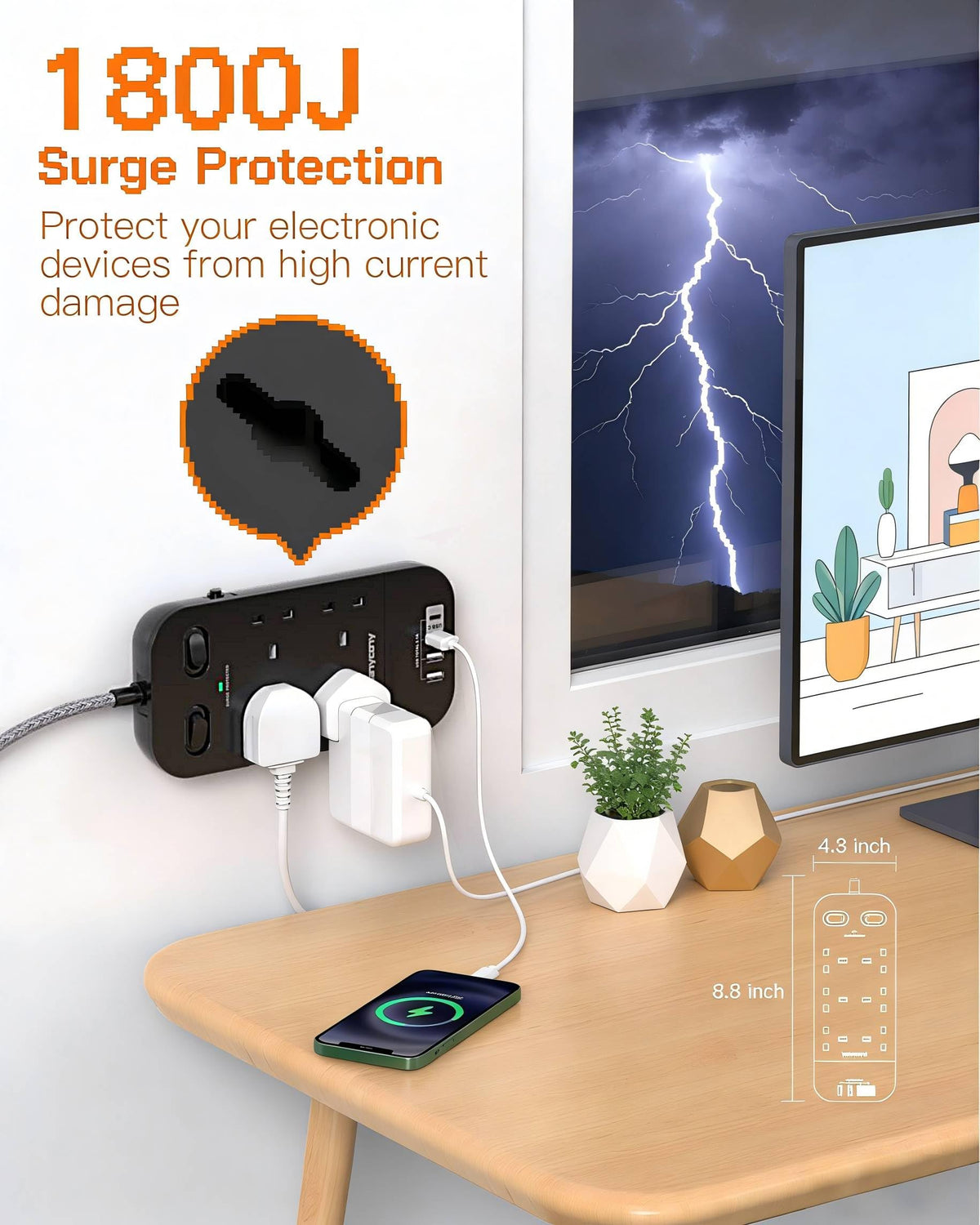 Extension Lead 5M, 4 Way Surge Protected Power Strip with USB C Slots