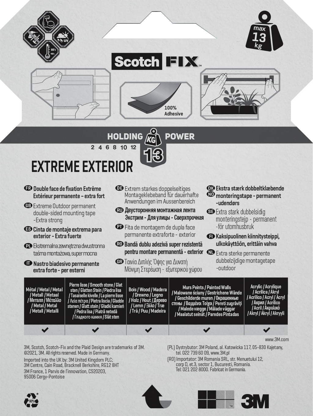 Scotch-Fix Double-Sided Extreme Exterior Mounting Tape, 19mm x 1,5m - For Outdoor Extreme Use, Weather Resistant, Permanent Tape, 100% Adhesive, 3M Advanced Technology - Holds up to 10kg