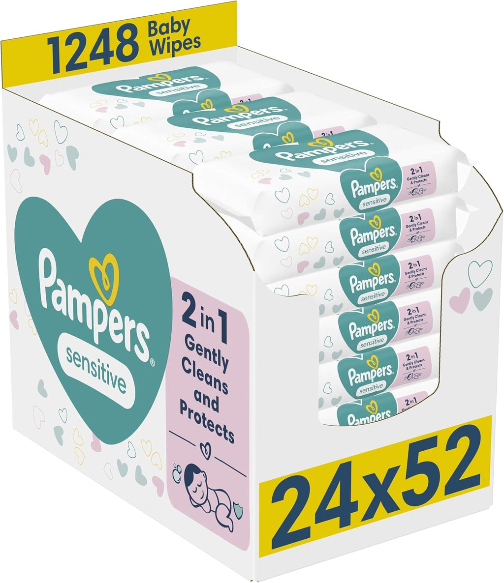 Pampers Sensitive Baby Wipes 24 Packs of 52 Wipes = 1248 Baby Wet Wipes, 2 in 1 Gently Cleans & Protects, 0% plastic in wipes