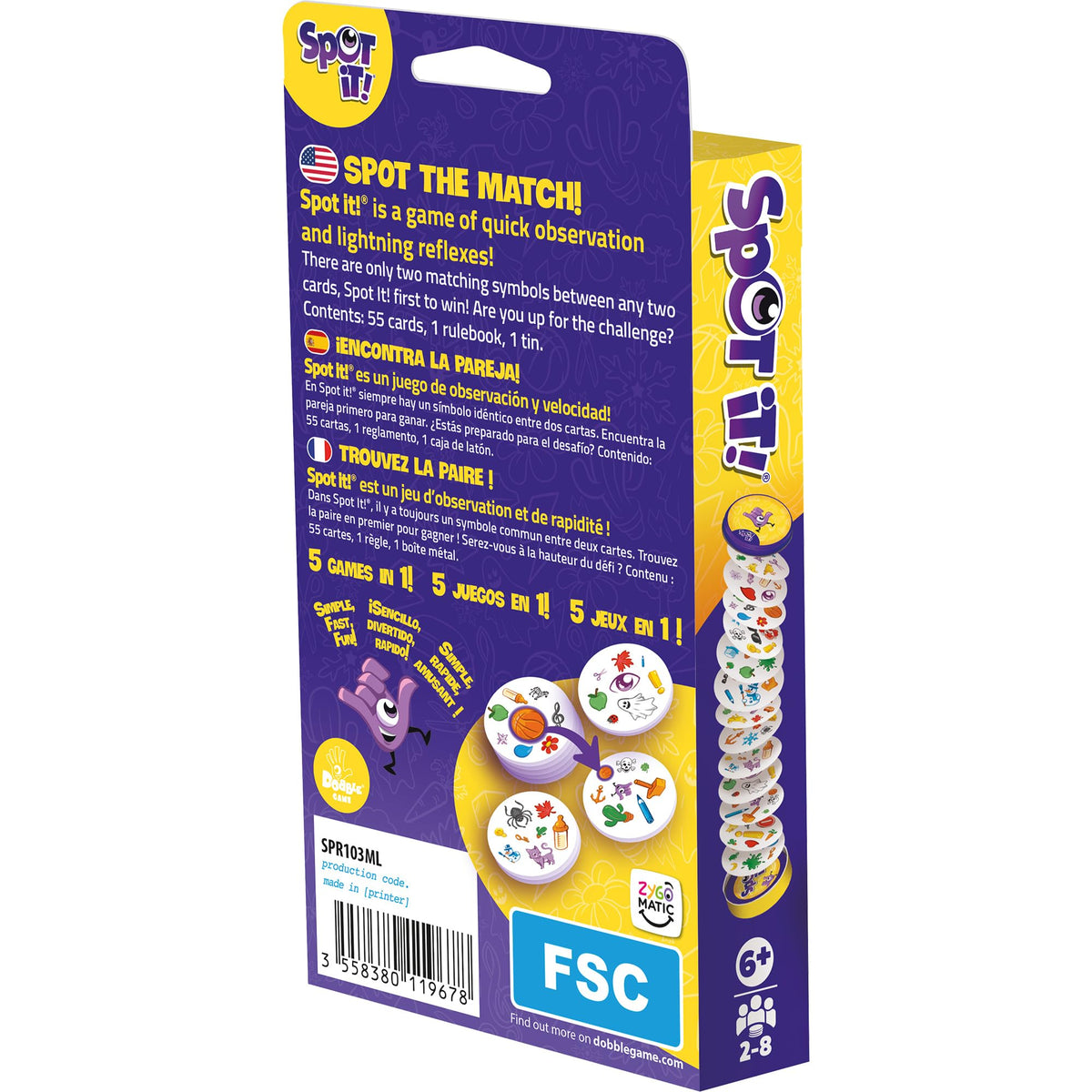 Asmodee Spot It! Classic Card Game (2024 Refresh) - Eco-Blister Edition, 5-in-1 Visual Perception Game for Quick Reflexes and Family Fun, Ages 6+, 2-8 Players, 10 Minute Playtime