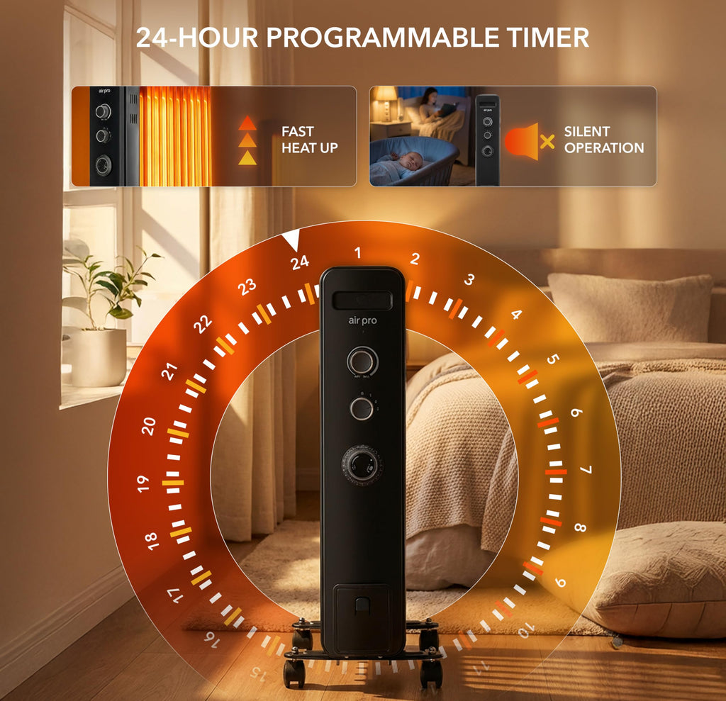 Air Pro Oil Filled Radiator 2500W with Thermostat & 24h Timer – 11 Fin Portable Electric Heater 3 Heat Settings, Overheat & Tip-Over Protection, Quiet for Home, Office and Any Room Radiator on Wheels