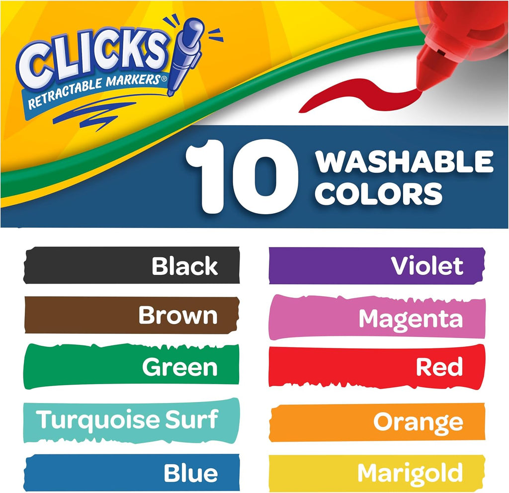 Crayola Clicks Retractable Tip Markers (10ct), Washable Cone Tip Art Marker Set, Cute Aesthetic School Supplies, Classroom Must Haves, Ages 8+