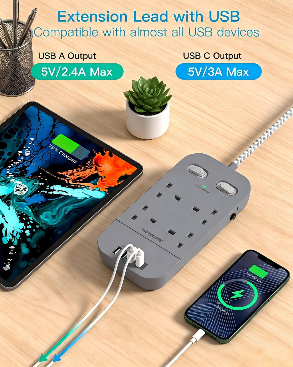Extension Lead 5M, 4 Way Surge Protected Power Strip with USB C Slots