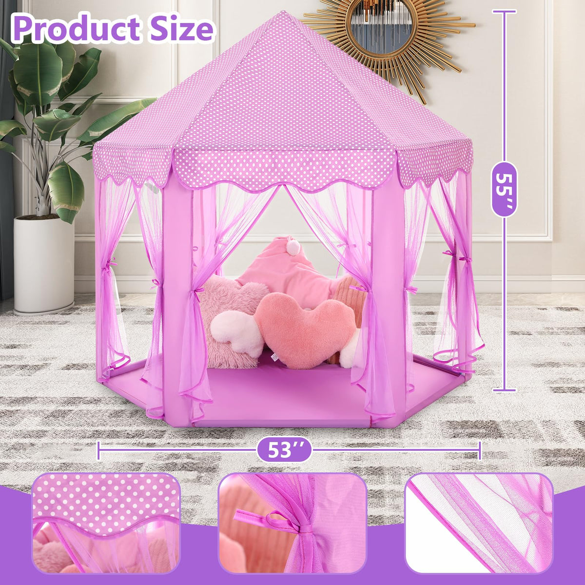 Monobeach Princess Tent Girls Large Playhouse Kids Castle Play Tent with Star Lights Toy for Children Indoor and Outdoor Games, 55'' x 53'' (DxH)