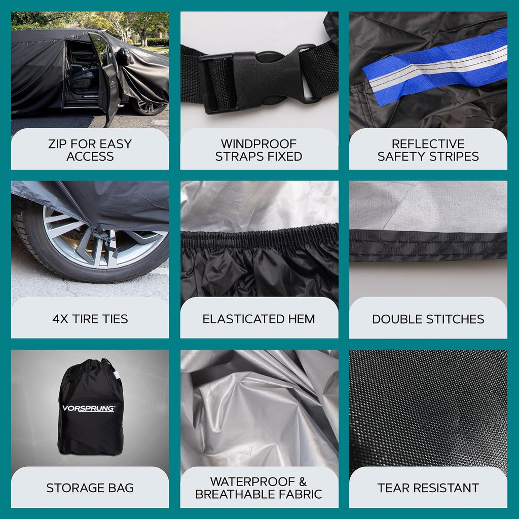 VORSPRUNG® Universal Car Cover(4 Sizes)| Driver Side Zip | Waterproof All Weather| Snow/Sun/Wind Proof |UV Protection Outdoor | Full Fitted |Length 487-530cm | Large Saloons, Executive & Estate Cars