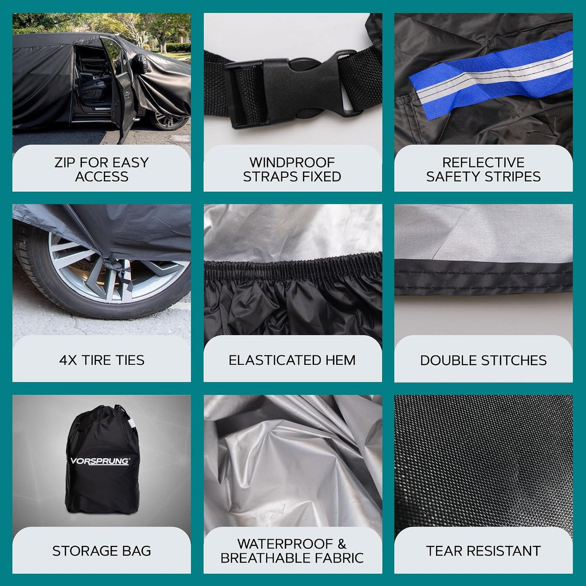 VORSPRUNG® Universal Car Cover(4 Sizes)| Driver Side Zip | Waterproof All Weather| Snow/Sun/Wind Proof |UV Protection Outdoor | Full Fitted |Length 487-530cm | Large Saloons, Executive & Estate Cars