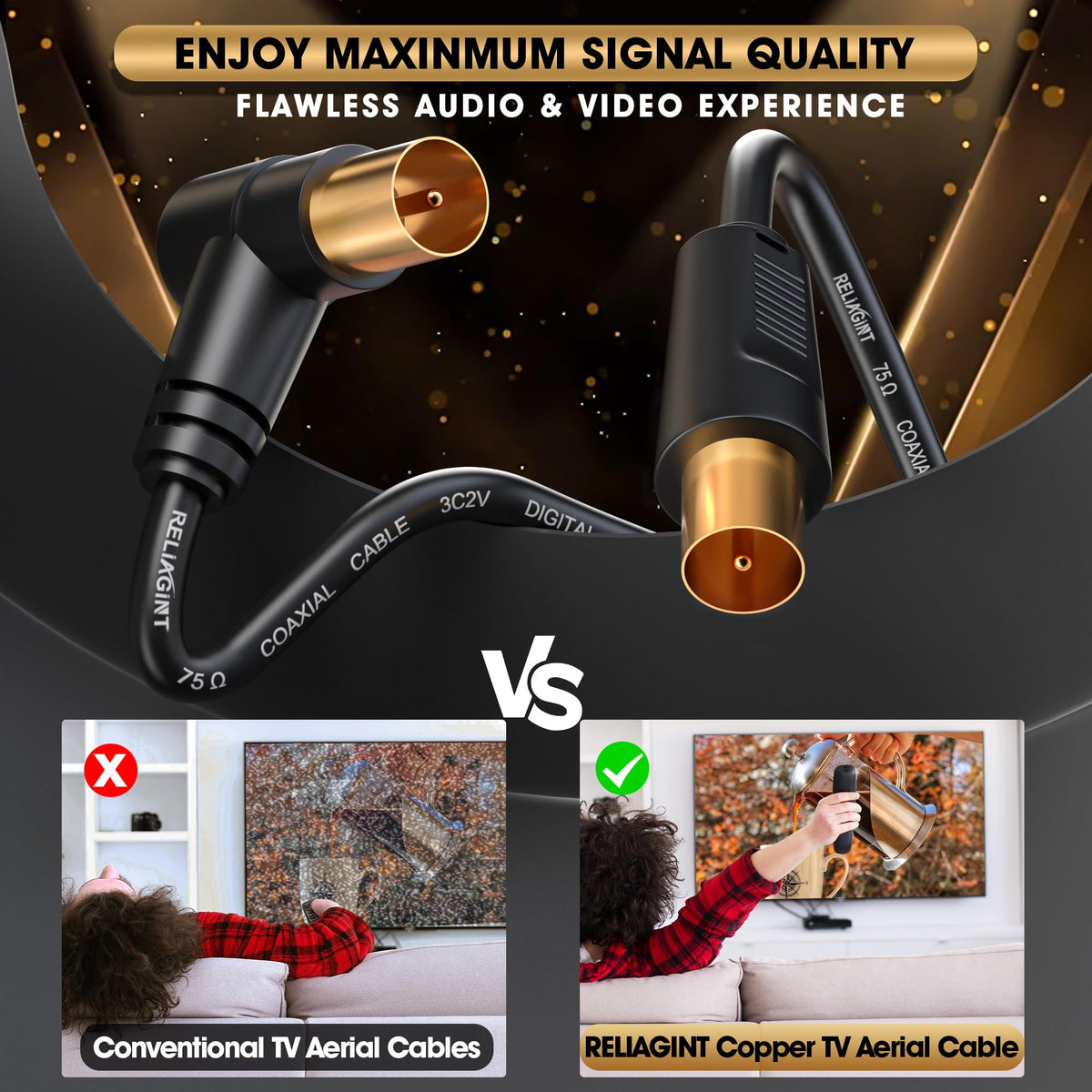 TV Aerial Cable 0.5m, 75 Ohm Coaxial Lead, IEC 9.5mm Male to Male 3C2V Pure Copper Dual Shielded, Right-Angle Connector, Female to Female Adaptor Included, Black