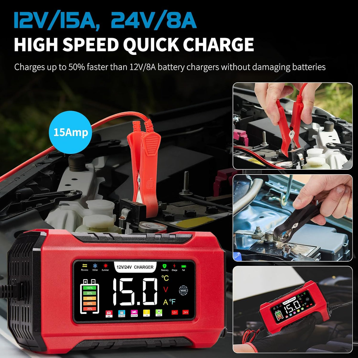15-Amp Car Battery Charger 12V/24V, Aptliton Intelligent Car Battery Charger with 9-Stage Charging, LCD Display For Car, Truck, Motorbike, Boat - Compatible with Lead-Acid, AGM, EFB, LiFePO4 Batteries
