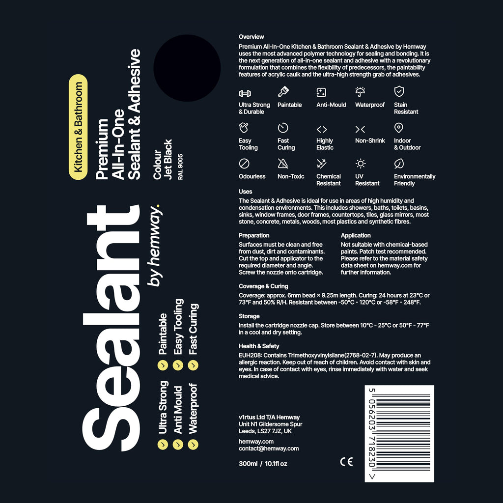 Hemway Kitchen & Bathroom Jet Black Sealant & Adhesive 300ml 1 Pack