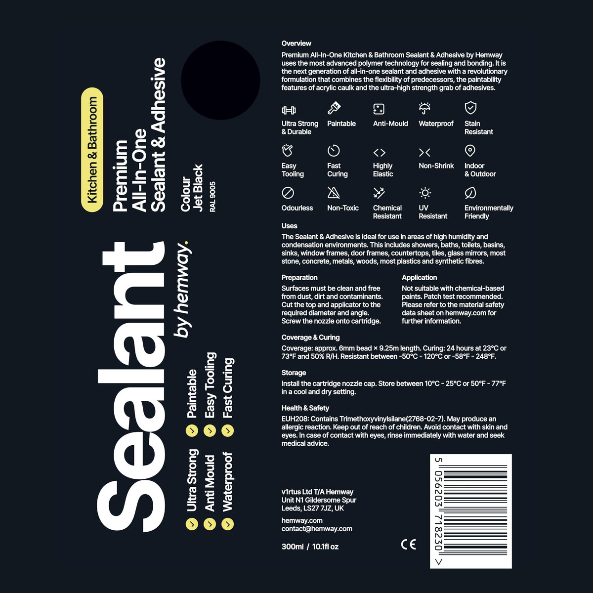Hemway Kitchen & Bathroom Jet Black Sealant & Adhesive 300ml 1 Pack
