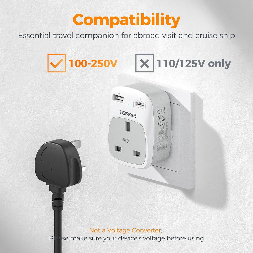 TESSAN UK to South Africa Plug Adapter, Type M Travel Adapter with USB C