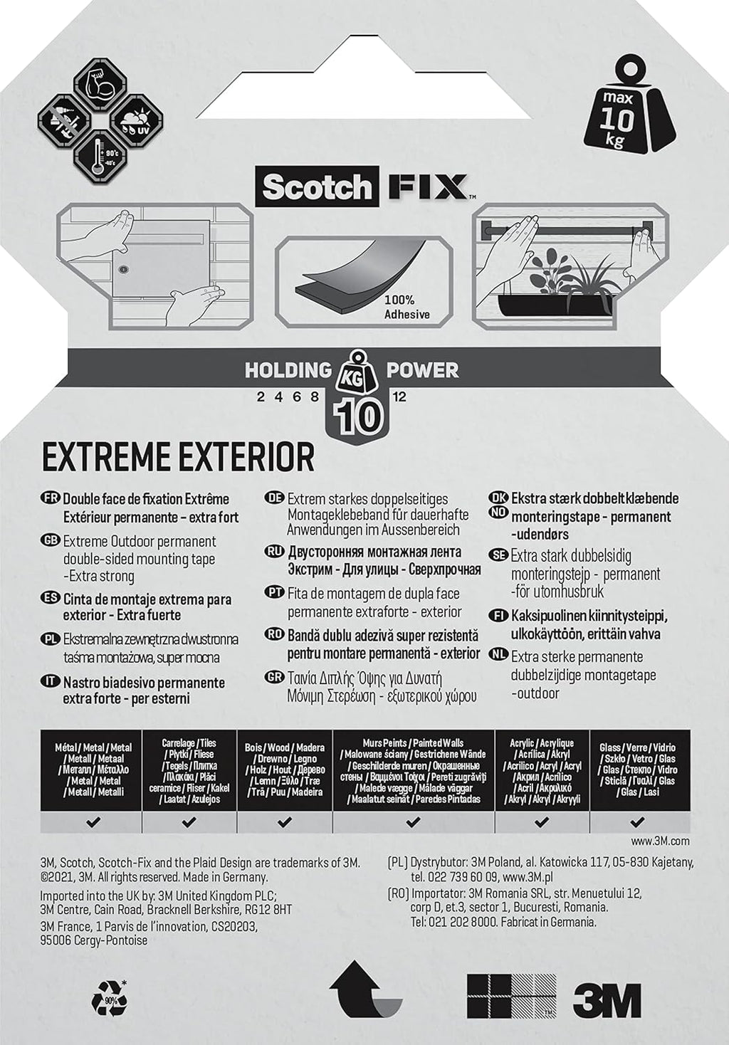 Scotch-Fix Double-Sided Extreme Exterior Mounting Tape, 19mm x 1,5m - For Outdoor Extreme Use, Weather Resistant, Permanent Tape, 100% Adhesive, 3M Advanced Technology - Holds up to 10kg