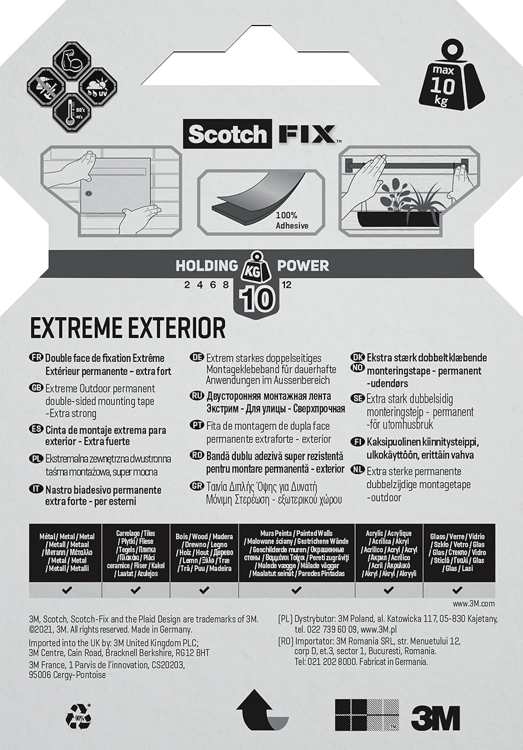 Scotch-Fix Double-Sided Extreme Exterior Mounting Tape, 19mm x 1,5m - For Outdoor Extreme Use, Weather Resistant, Permanent Tape, 100% Adhesive, 3M Advanced Technology - Holds up to 10kg