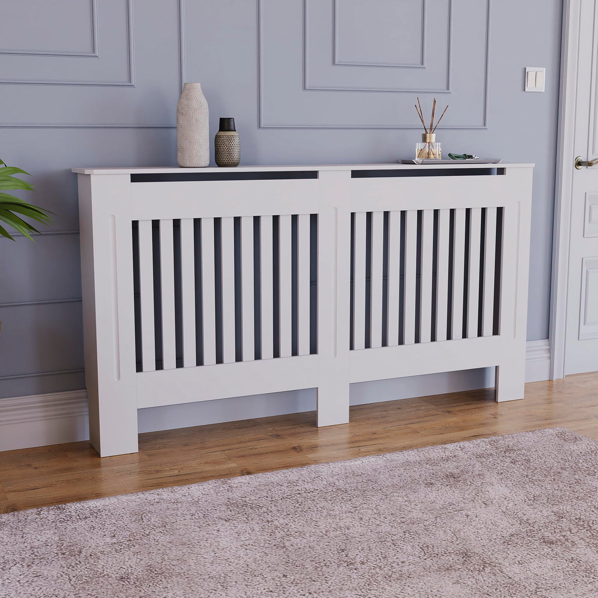 Vida Designs Chelsea Radiator Cover White - Medium - Modern Vertical Slat Design For Optimal Heat Circulation - H82xW111xD19cm - Painted MDF Cabinet Ideal For Living Room & Hallway