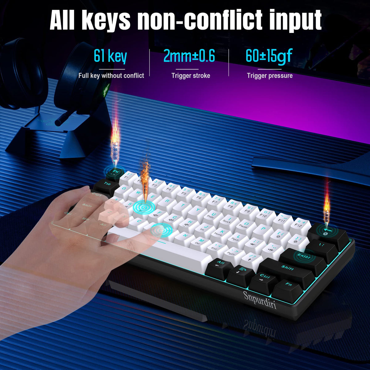 Snpurdiri 2.4G 60% Wireless Gaming Keyboard and Mouse Combo (White-Grey)