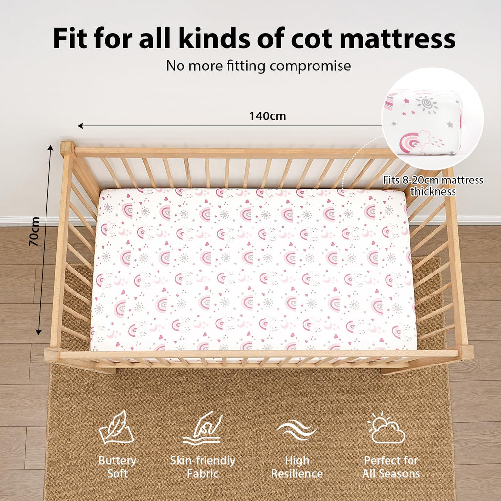 Next to Me Crib Sheets 85x51cm Fitted, 3 Pack Baby Cot Sheets, Ultral Soft & Silky Smooth Microfiber Bedside Crib Fitted Sheets Pink Rainbow