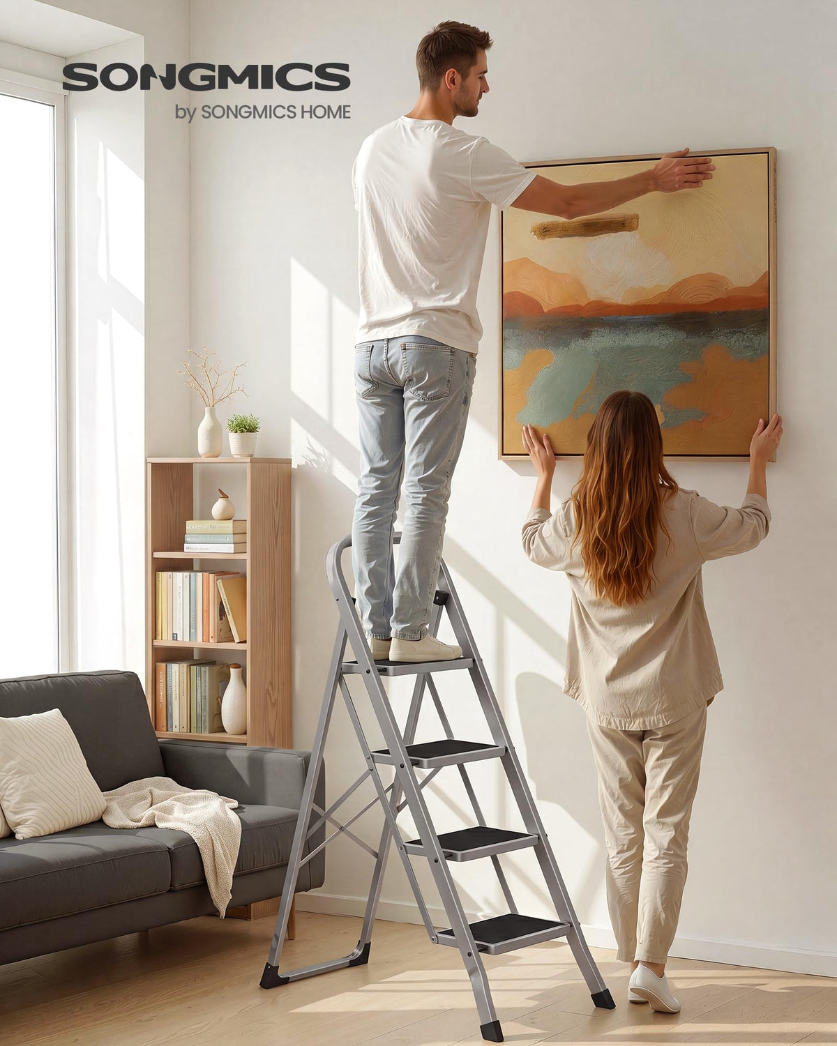 SONGMICS 3-Step Ladder, Folding Step Ladder, Safety, Holds up to 150KG