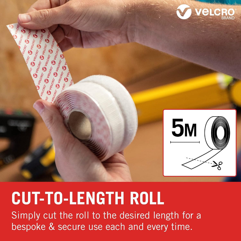 VELCRO Brand Stick On Tape Cut-to-Length Strong Hook & Loop Self Adhesive Sticky Tape Perfect for Room Décor & Home, Office, Garage Use White 20mm x 5m
