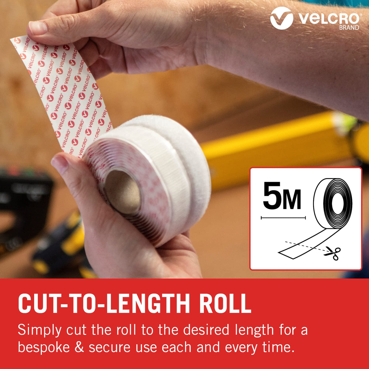 VELCRO Brand Stick On Tape Cut-to-Length Strong Hook & Loop Self Adhesive Sticky Tape Perfect for Room Décor & Home, Office, Garage Use White 20mm x 5m