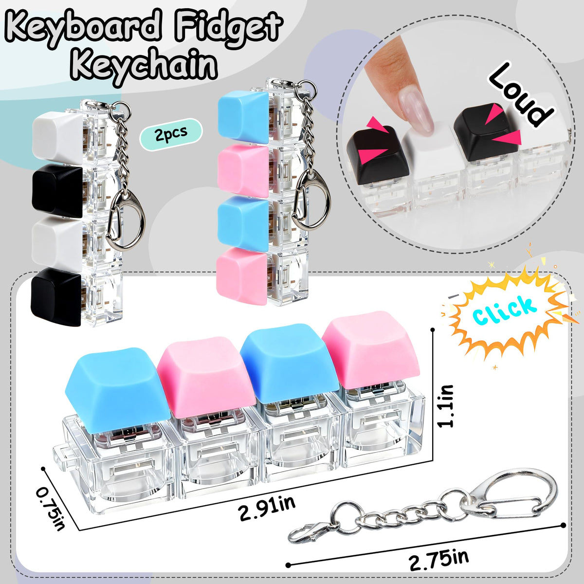 2 PCS Keyboard Fidget Toy, Keyboard Fidget Keychain 4-in-1 Keyboard Decompression Button Finger Clicker Toys (Pink Yellow White Green, General)