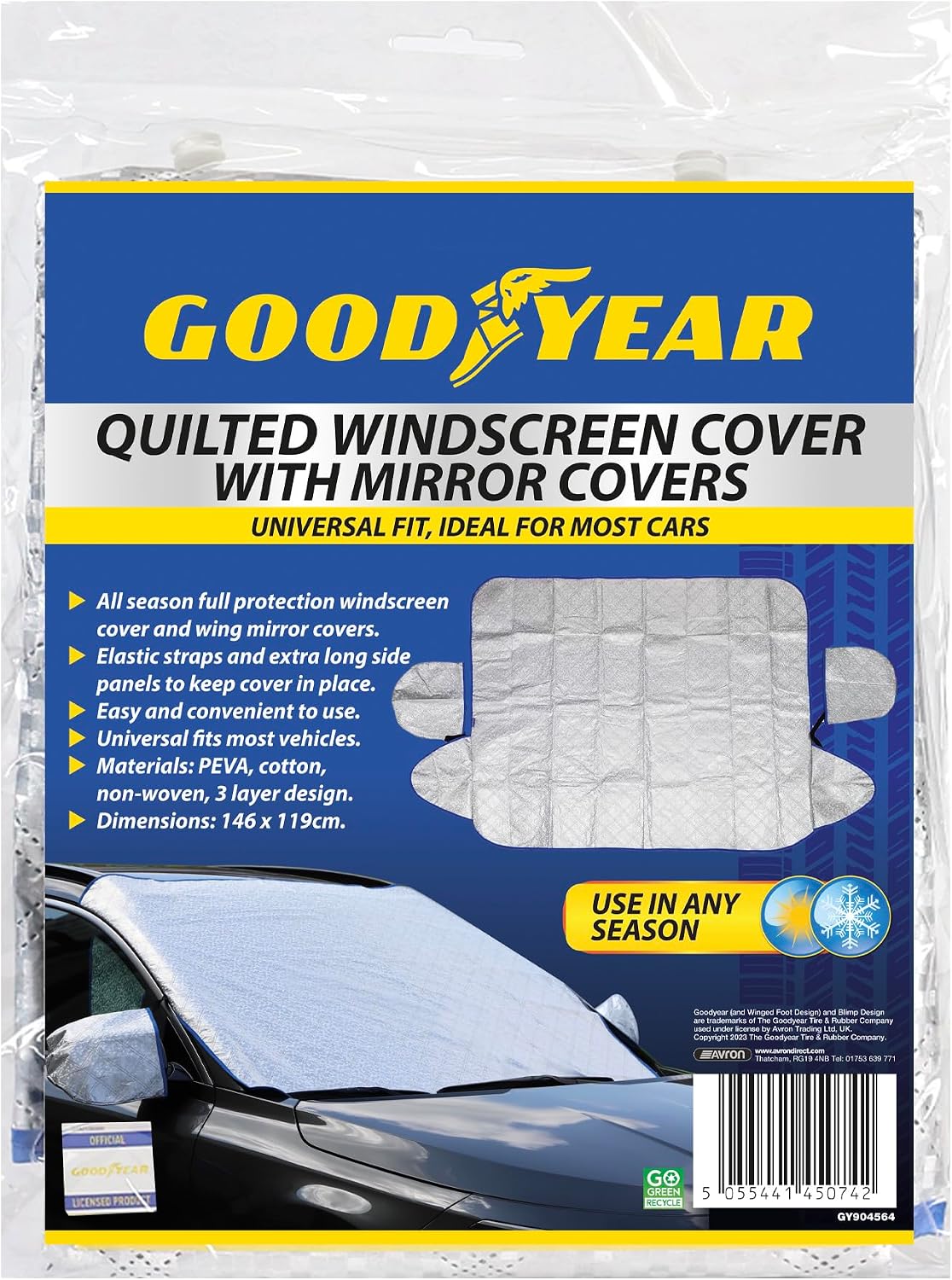 Goodyear Quilted Car Windscreen Cover | Wing Mirror Covers | Heavy Duty Windproof | Protect from Sun Shade Snow Frost Freezing Windshield | Universal Fit