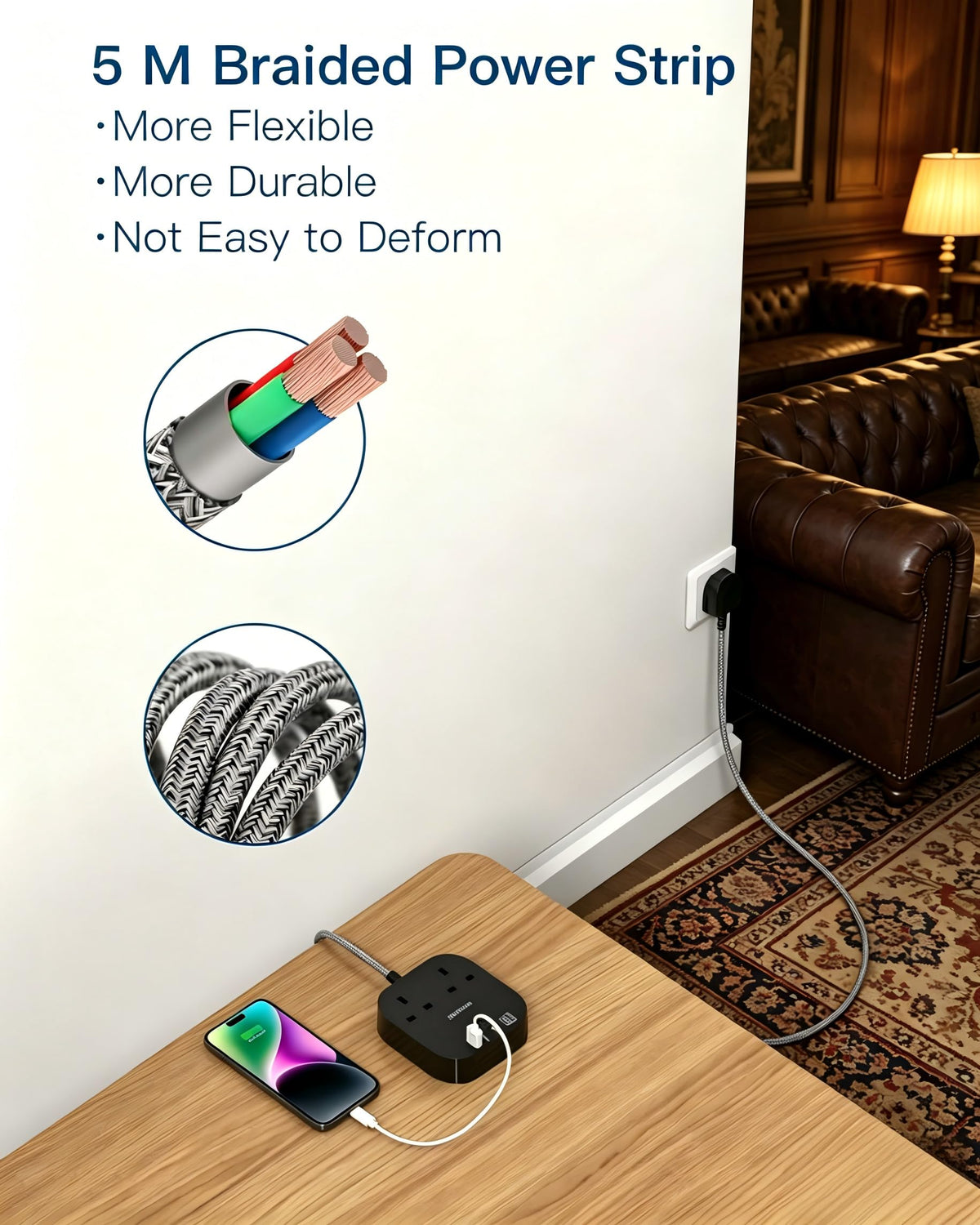 Extension Lead, Power Strips with 2 Way Outlets 4(4.5A, 2 Type C & 2 USB-A)