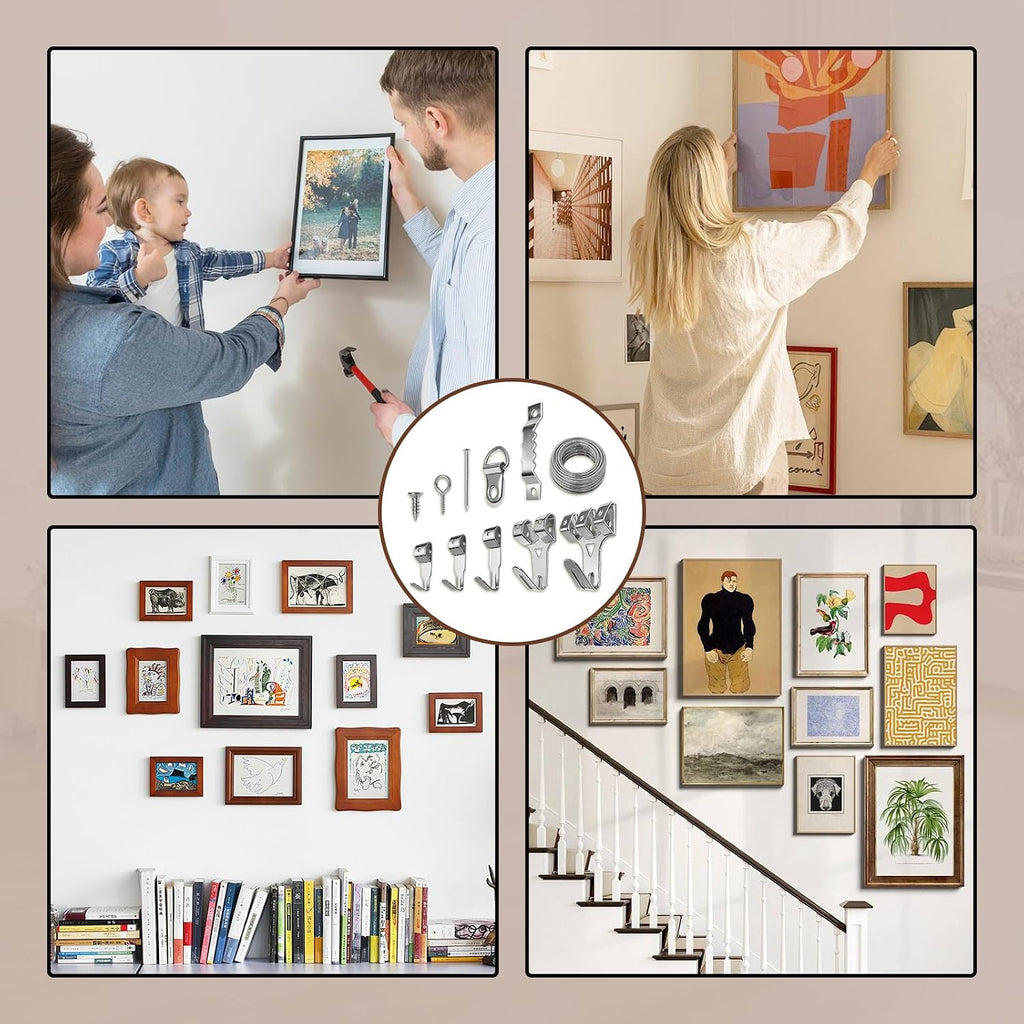 300pcs Picture Hooks Picture Hanging Kit for Picture Frame Fixing Hard Walls Photo Hooks Assorted Picture Hanger Set with Saw Tooth, D-Ring, Nails, Wire,Screws