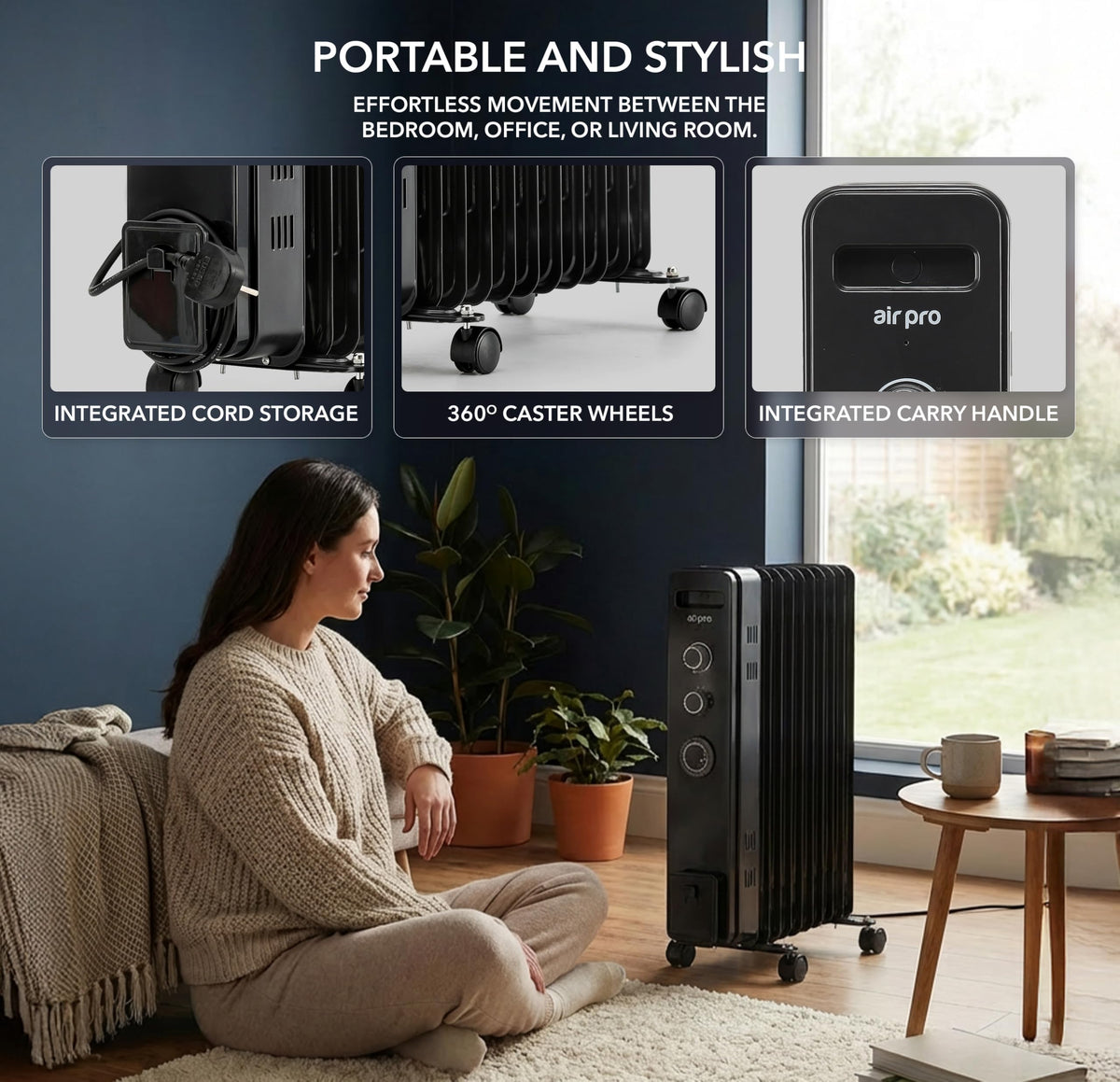 Air Pro Oil Filled Radiator 2500W with Thermostat & 24h Timer – 11 Fin Portable Electric Heater 3 Heat Settings, Overheat & Tip-Over Protection, Quiet for Home, Office and Any Room Radiator on Wheels