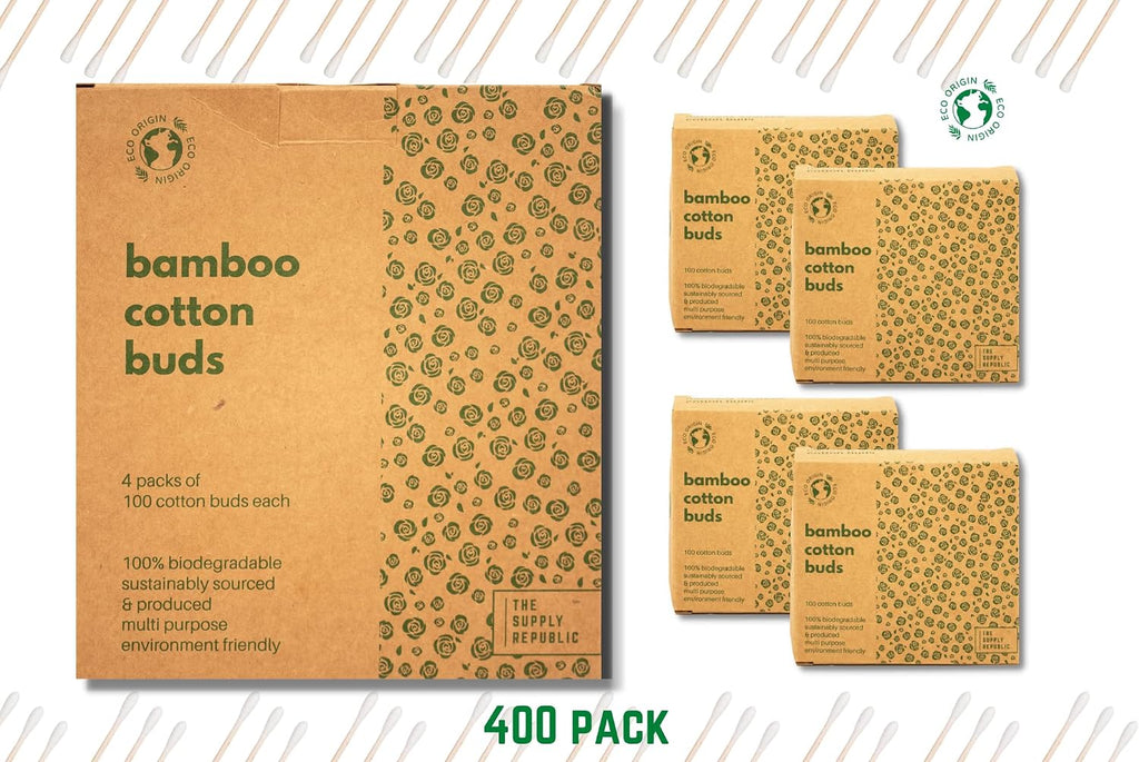 400 Bamboo Cotton Buds |100% Eco-Friendly Biodegradable | Cotton Wool Buds | Compostable Bamboo Earbuds | Recycled Plastic Free Packaging | Cotton Buds Bamboo | Cotton Ear Buds | 400 x Ear Buds Cotton