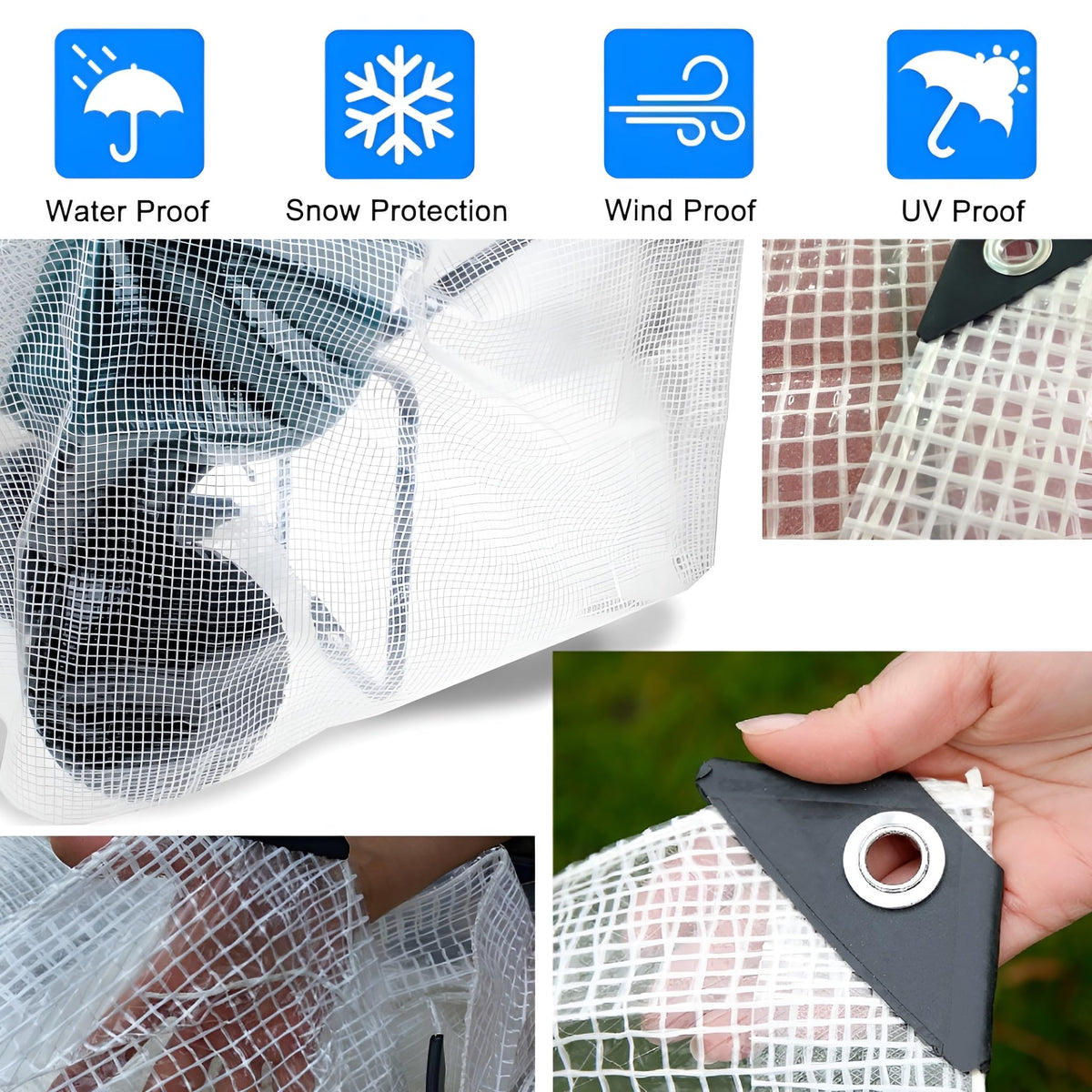 3m x 3m Clear Leno Tarpaulin - Heavy-Duty Waterproof 100 GSM Reinforced Transparent Tarp Sheet with Mesh Support, Rubber Strengthened Corners - UV‑Resistant Cover for Garden, Greenhouse, Groundsheet