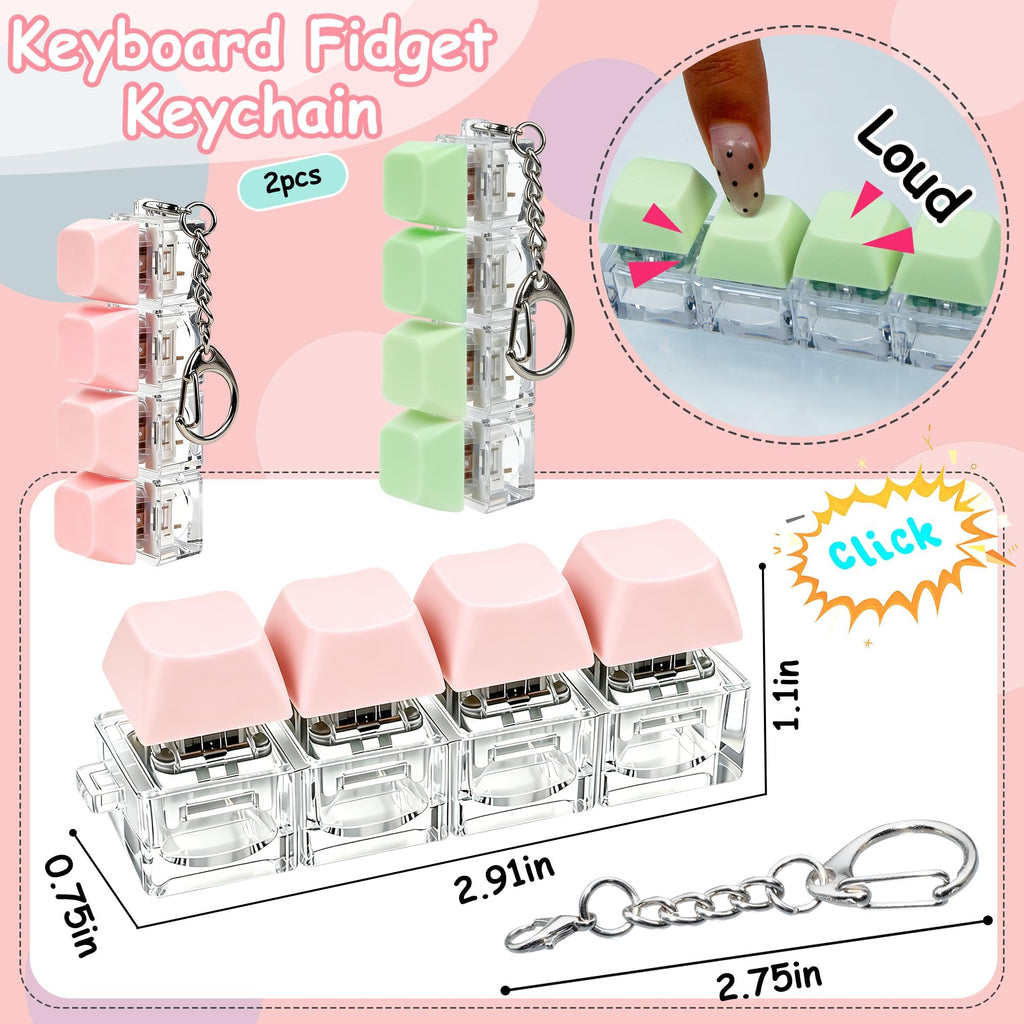 2 PCS Keyboard Fidget Toy, Keyboard Fidget Keychain 4-in-1 Keyboard Decompression Button Finger Clicker Toys (Pink Yellow White Green, General)
