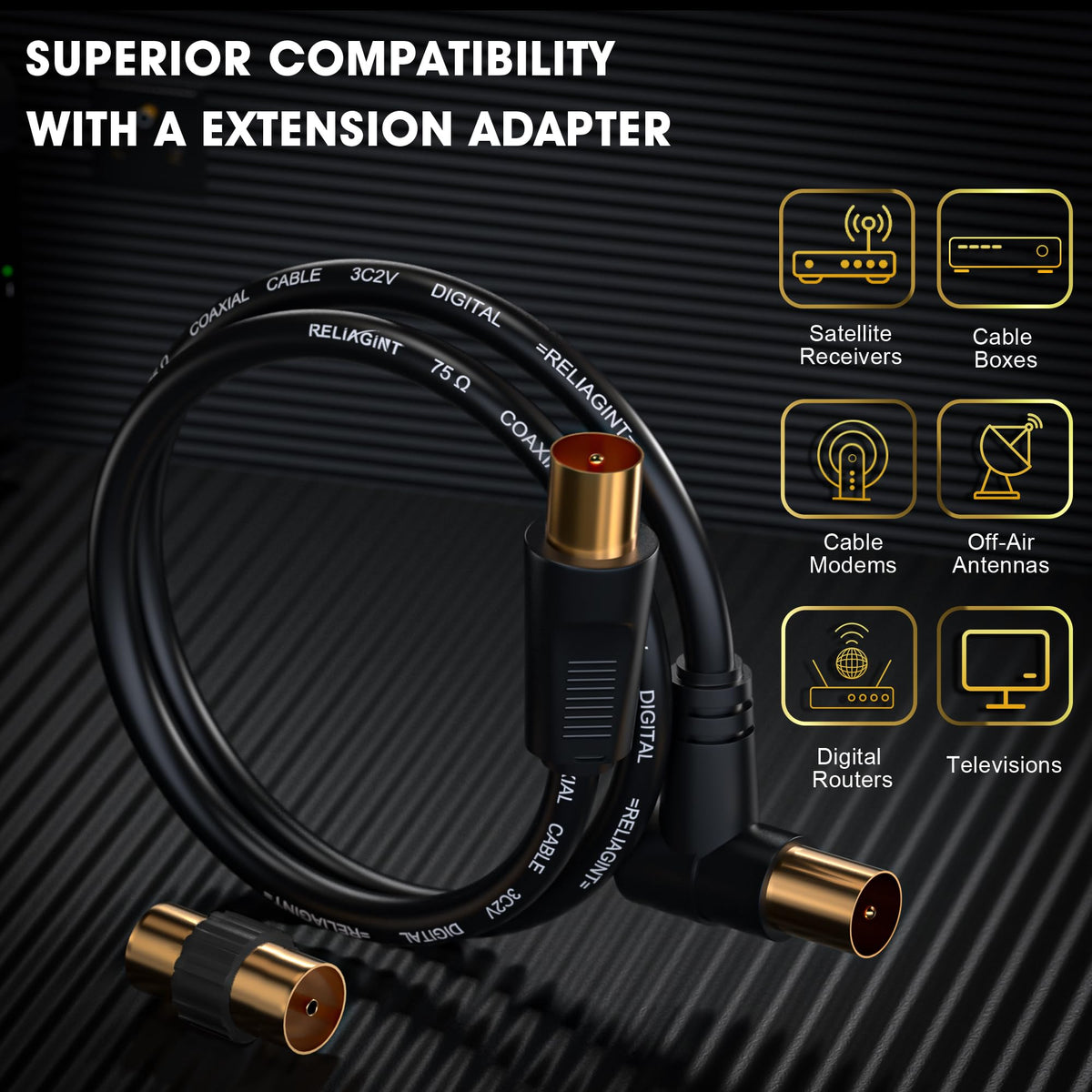 TV Aerial Cable 0.5m, 75 Ohm Coaxial Lead, IEC 9.5mm Male to Male 3C2V Pure Copper Dual Shielded, Right-Angle Connector, Female to Female Adaptor Included, Black