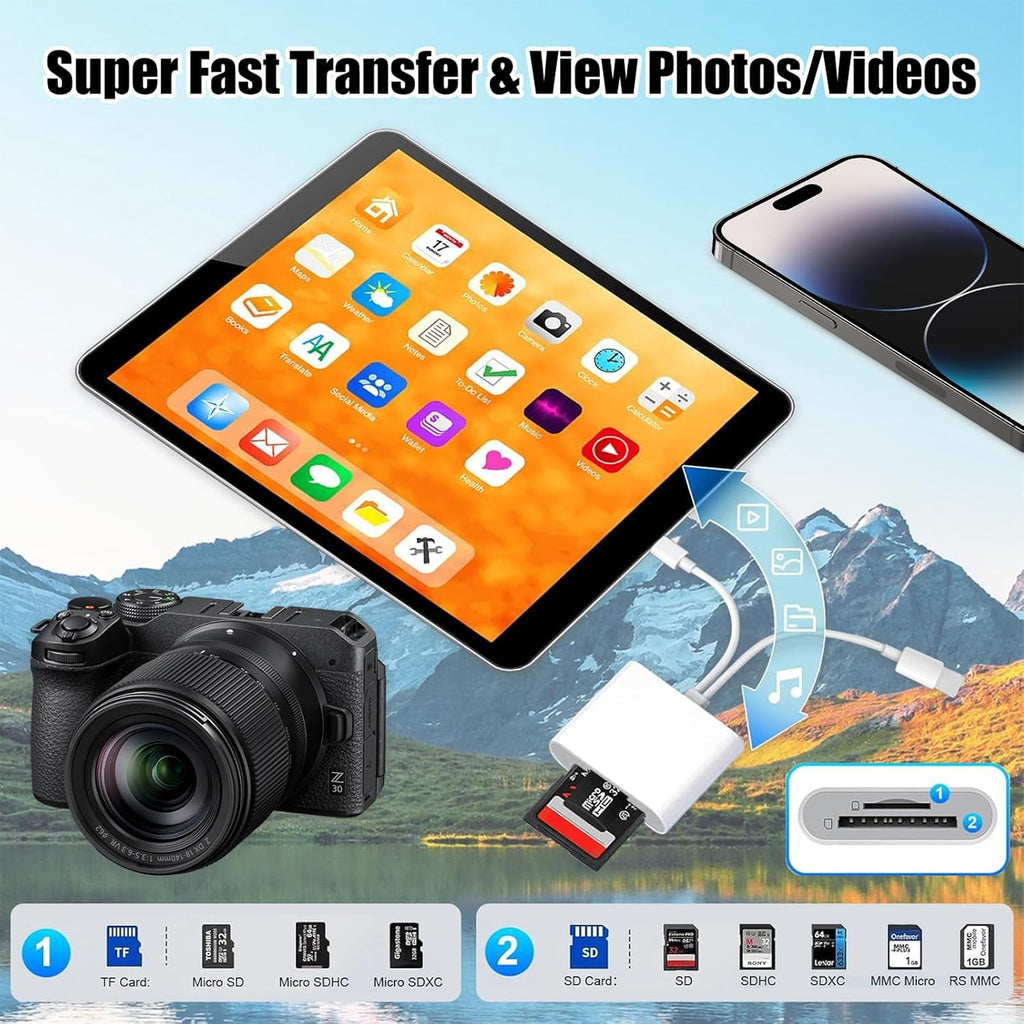 La Brodée SD Card Reader for iPhone iPad, Lightning+USB C Camera Adapter