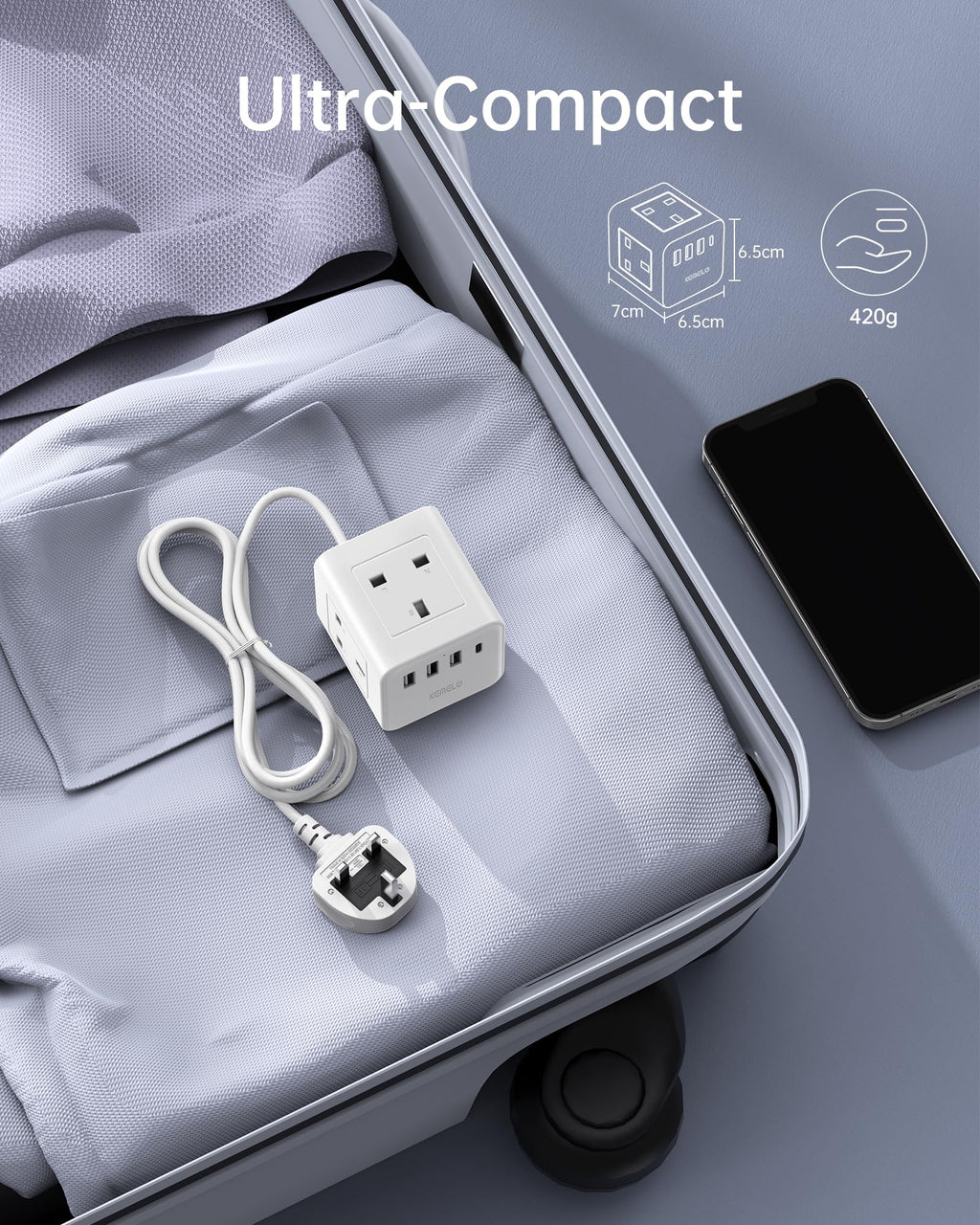 PD20W Cube Extension Lead with 4 USB Slots, Kemelo 4 Way (13A/3250W) Multi Plug Extension Cable with Child Safety UK Desktop Power Extension Socket,1.5M Extension Cords for Home Dorm Office