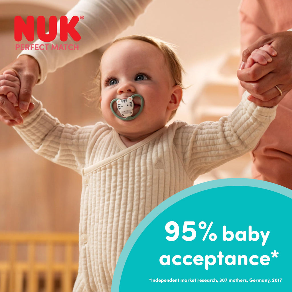 NUK Space Day & Night Baby Dummy | 6-18 Months | Glow-in-the-Dark Soothers with Extra Ventilation for Sensitive Skin | BPA-Free Silicone | Zebra & Lion | 4 Count