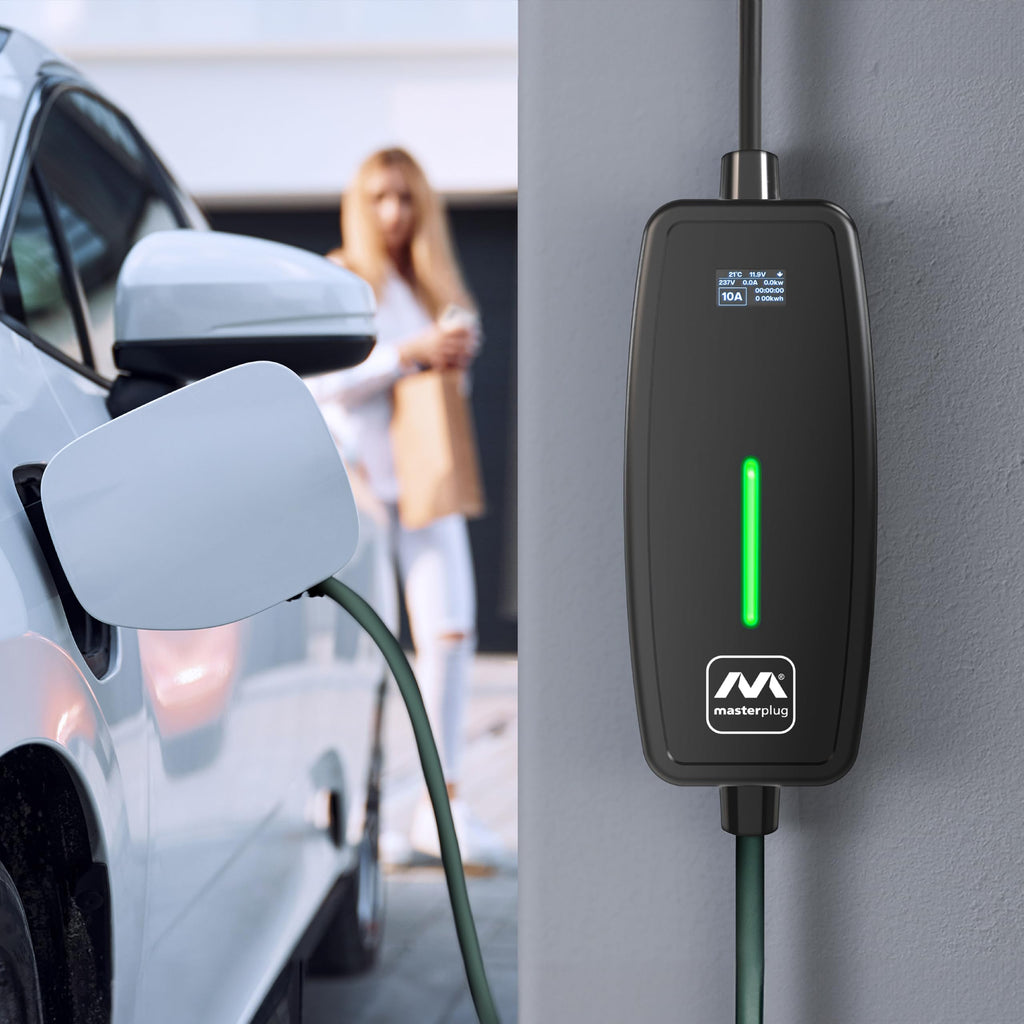 Masterplug EV Charging Cable for Electric and Hybrid Vehicles, 10 Metres, Mode 2, Delay Charging Function, 3 Pin UK Plug to Type 2 Car Charger, Language Options, 2.4kW, EVCM221010-MP2
