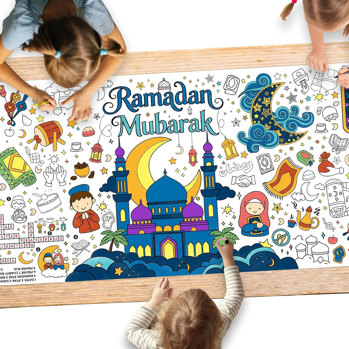 Gatherfun Ramadan Activity Poster & Home Decor - 31.5 x 72 Coloring Banner/Table Cover for Eid Mubarak Decoration, for School Parties & Ramadan Decoration