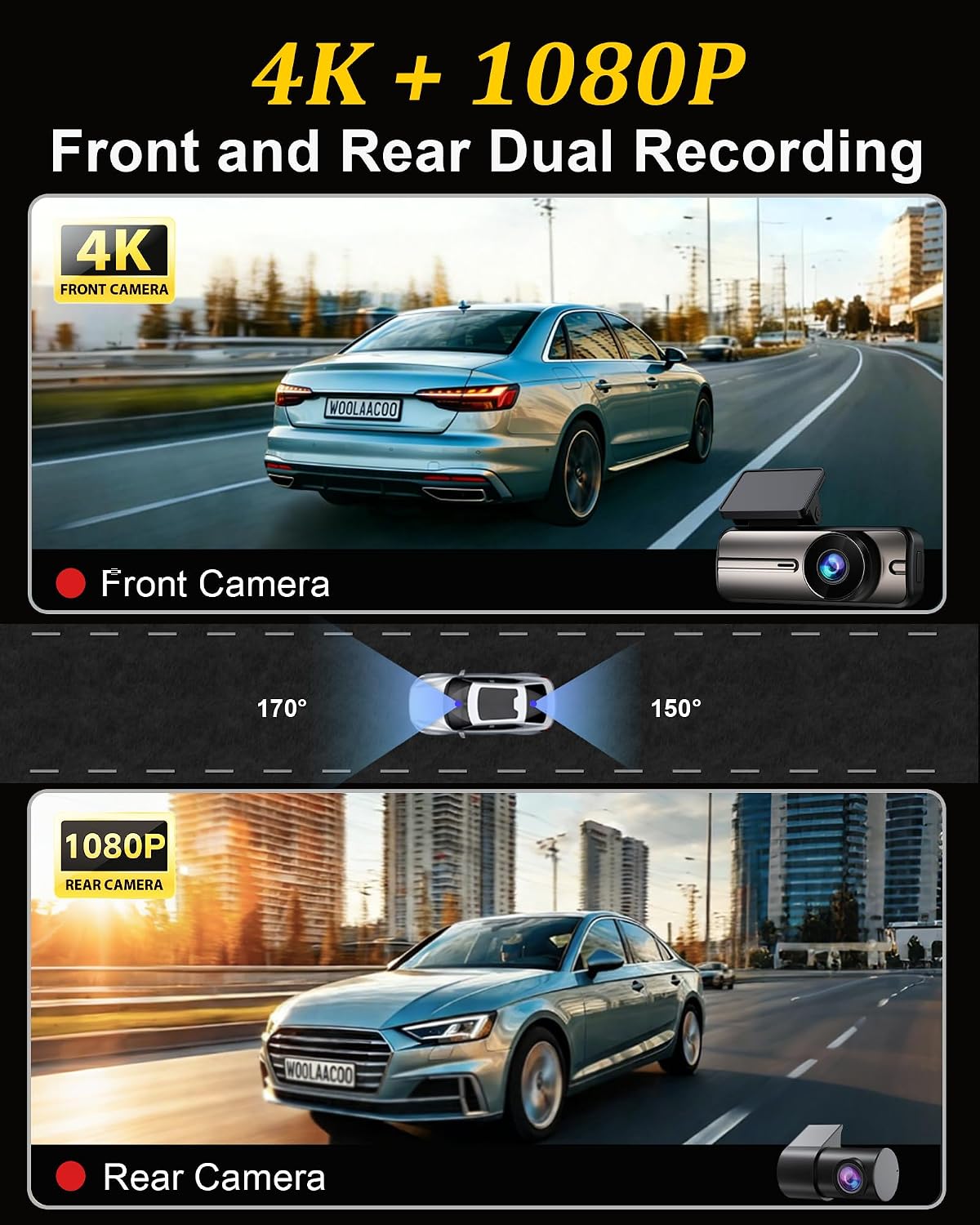 Dash Cam Front and Rear 4K 1080P, 64GB Card Included, 24H Parking Mode