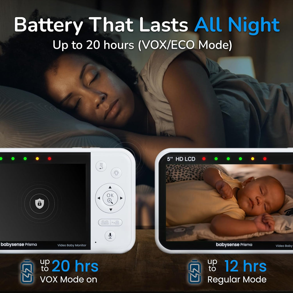 Babysense Prisma Baby Monitor with Camera and Night Vision, 5” HD Video Baby Monitor, 6-Color Night Light, Split Screen, Baby Sound Machine with White Noise & Lullabies, Secure No WiFi