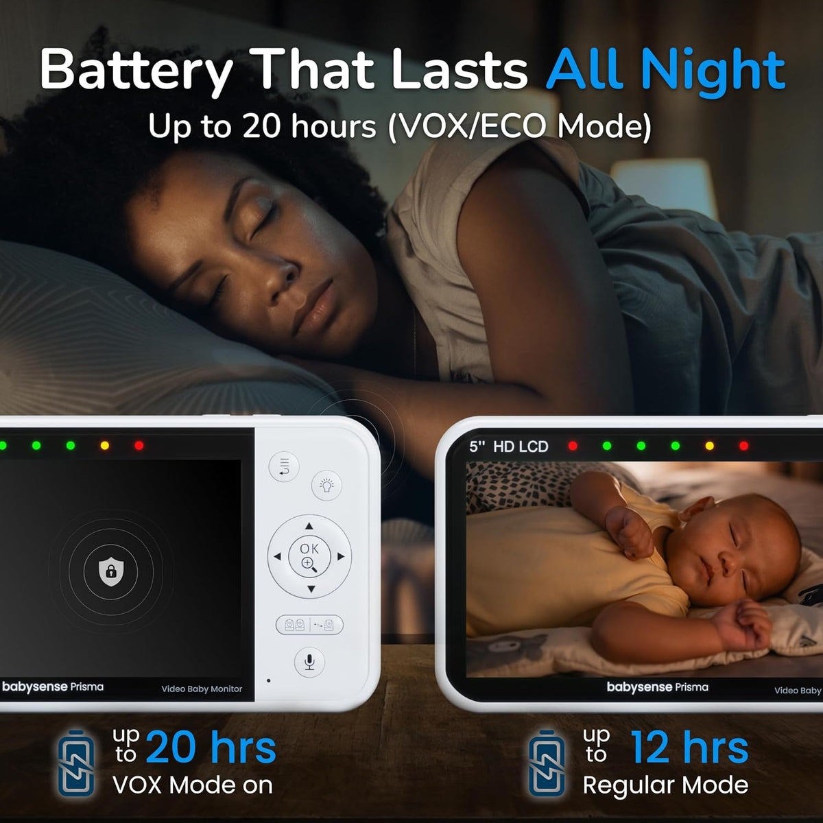 Babysense Prisma Baby Monitor with Camera and Night Vision, 5” HD Video Baby Monitor, 6-Color Night Light, Split Screen, Baby Sound Machine with White Noise & Lullabies, Secure No WiFi