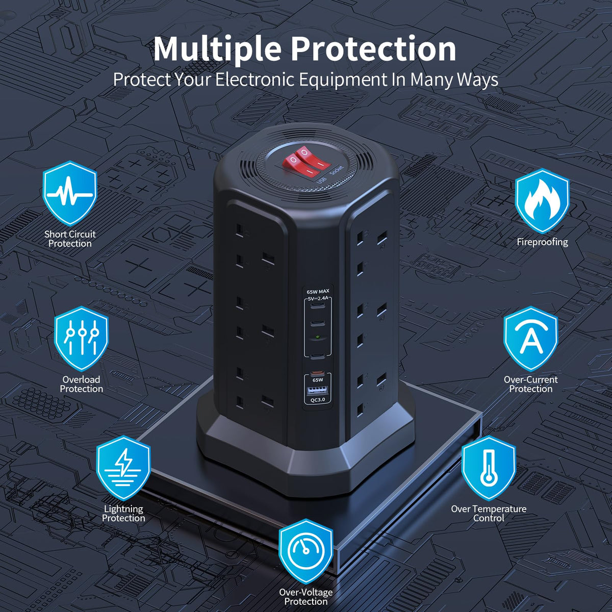 HAFINO Tower Extension Lead with USB Slots, PD18W USB C Fast Charger, 1.8M