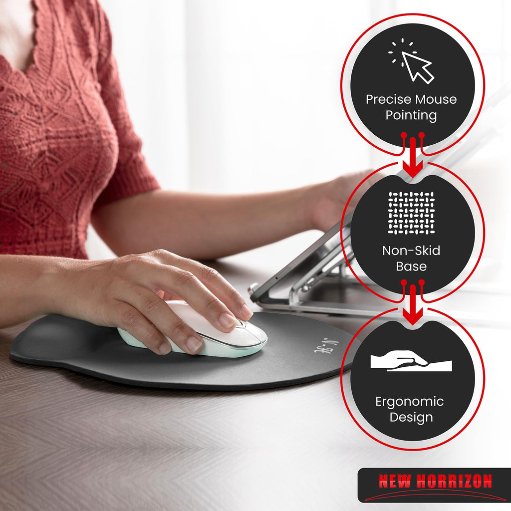 New Horrizon - Mouse Mat BLACK ANTI-SLIP COMFORT MOUSE PAD MAT WITH GEL FOAM REST WRIST SUPPORT FOR PC LAPTOP - Compatible with Laser and Optical Mice