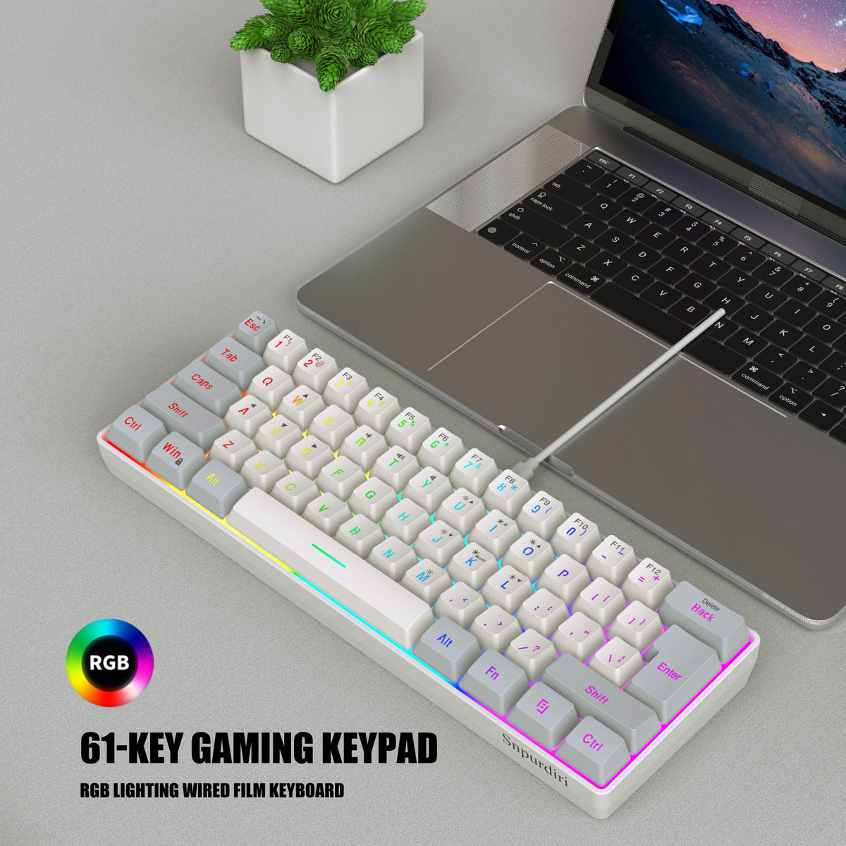 Snpurdiri 2.4G 60% Wireless Gaming Keyboard and Mouse Combo (White-Grey)