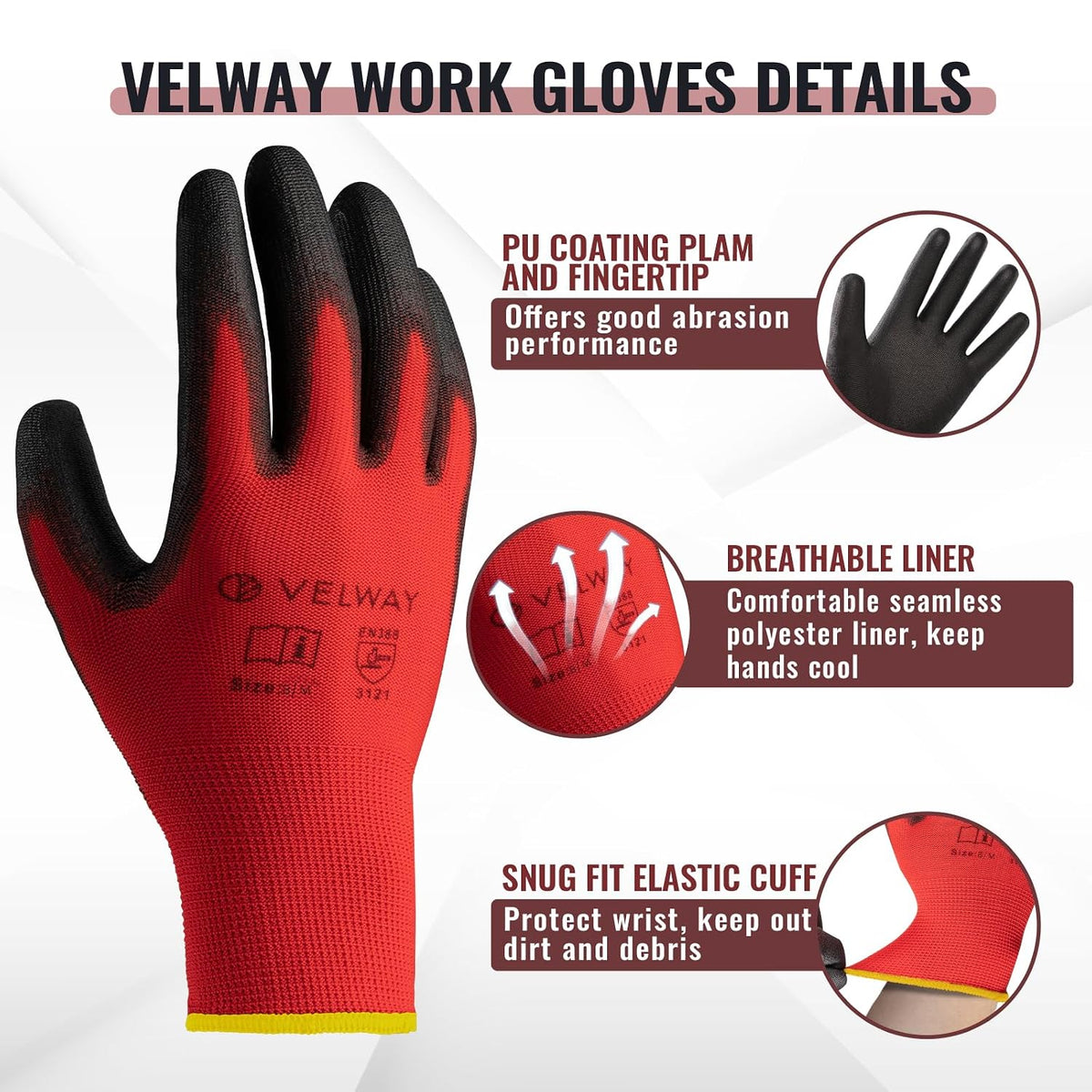 Velway 12 Pairs Work Gloves PU Coated for Men Women, Red, Size 9/L