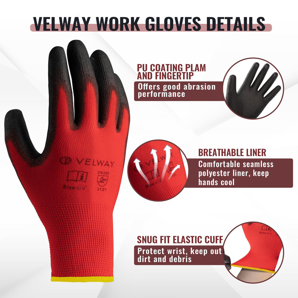 Velway 12 Pairs Work Gloves PU Coated for Men Women, Red, Size 9/L