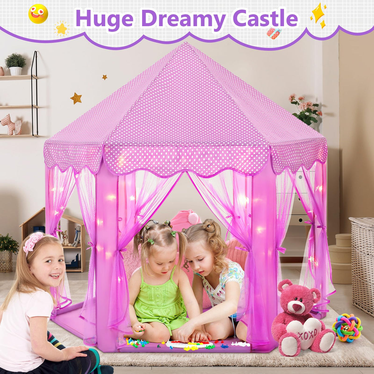 Monobeach Princess Tent Girls Large Playhouse Kids Castle Play Tent with Star Lights Toy for Children Indoor and Outdoor Games, 55'' x 53'' (DxH)