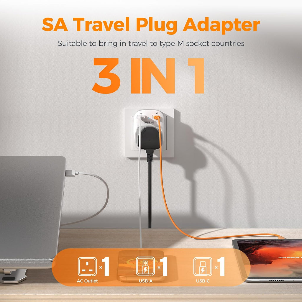 TESSAN UK to South Africa Plug Adapter, Type M Travel Adapter with USB C